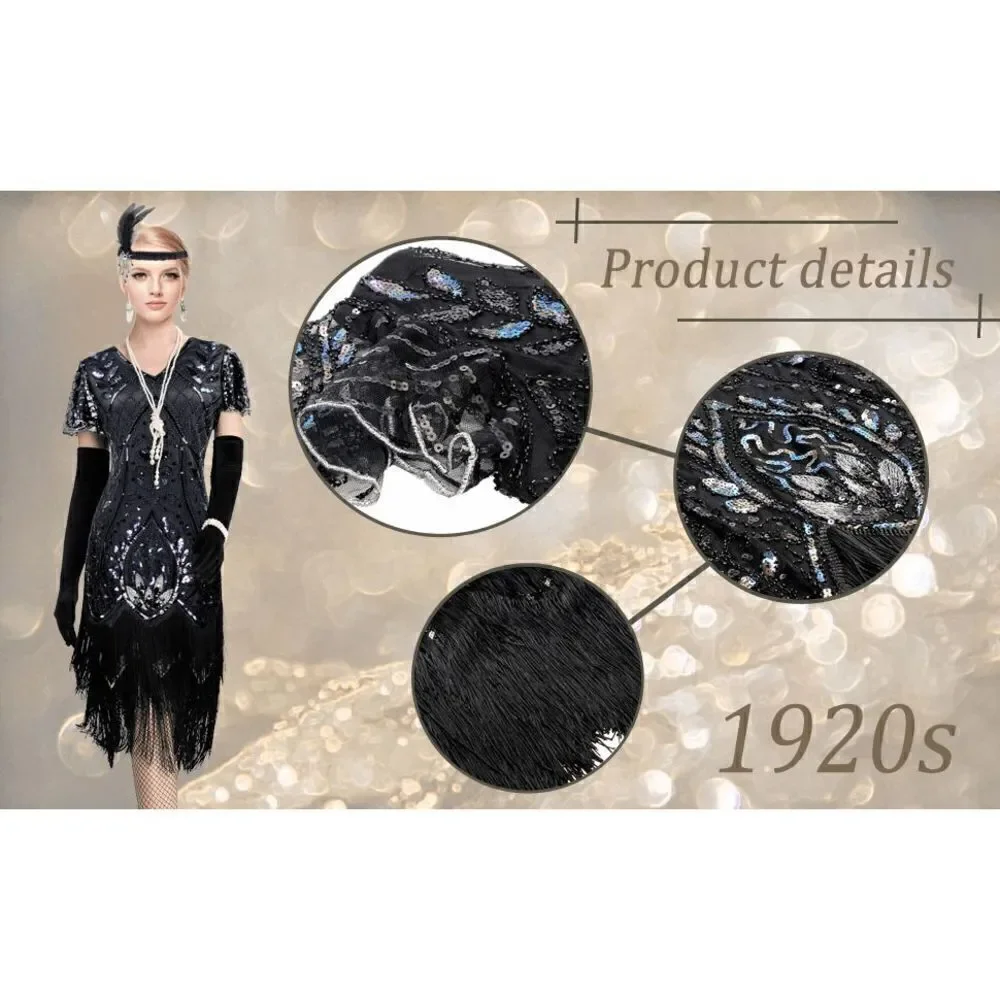 ✨ Flapper Great Gatsby 1920s Retro Tassel Fringe Sequin Midi Black Dress XL NEW - Picture 9 of 13